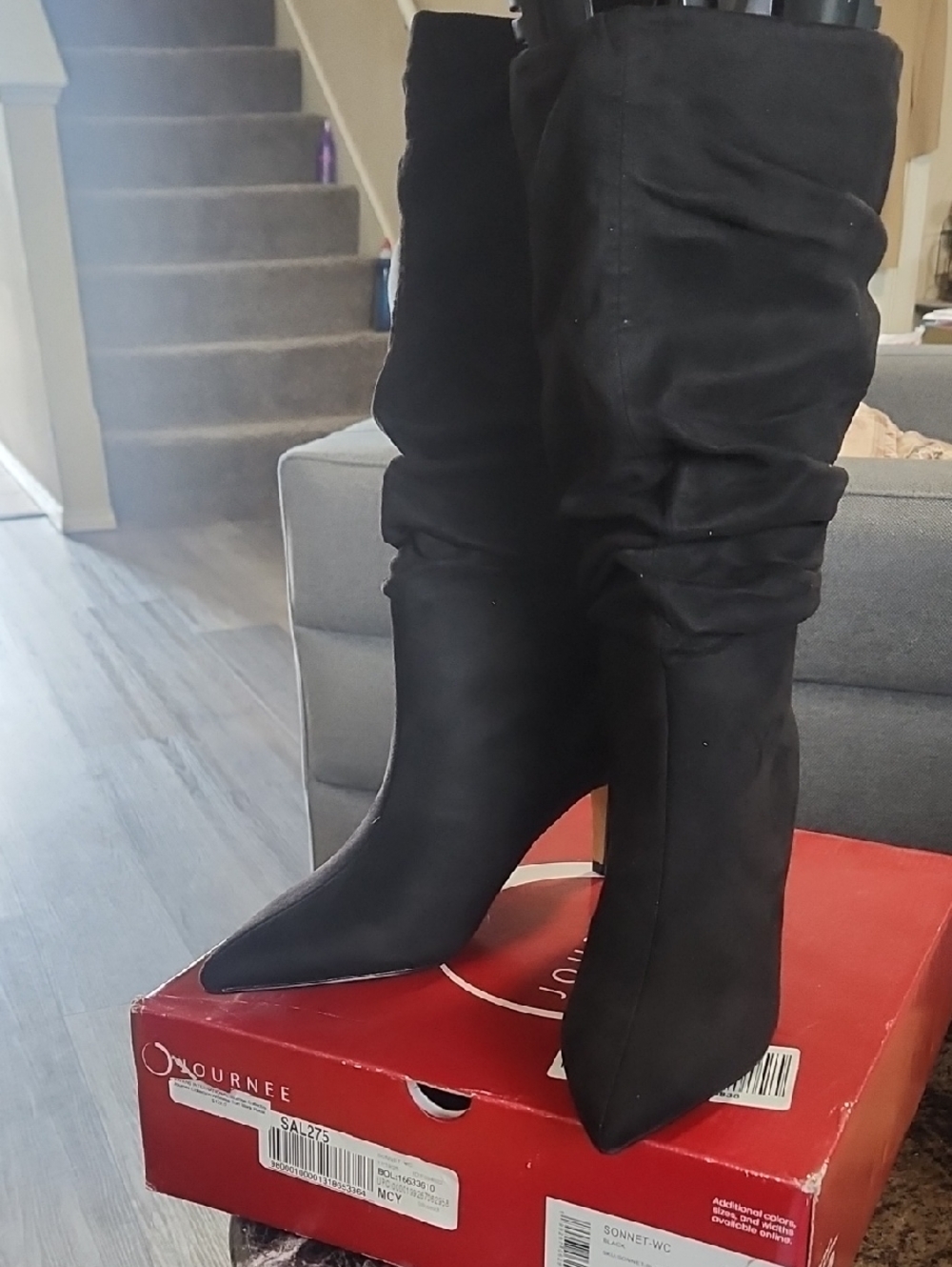 Journee Collection Black Slouchy Pointed Toe Mid-Calf Heeled Boots - Picture 1 of 10